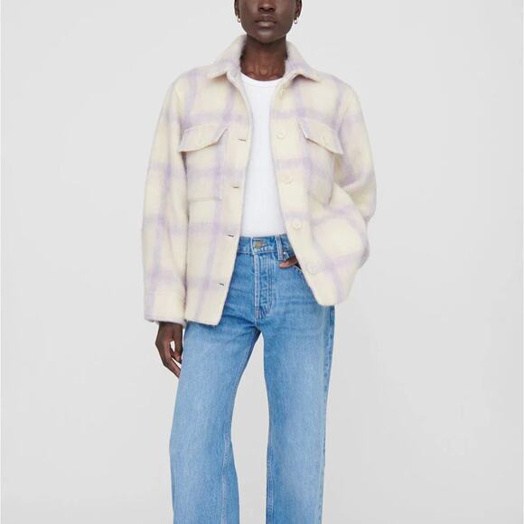 ANINE BING Lavender Ivory Check Phoebe Jacket S NEW Wool Plaid Flannel Shacket